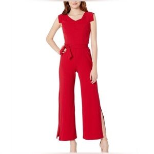 Bebe Women Red Glitter Wide Leg Jumpsuit Sleeveless Cowl Neck Split Leg Size 10